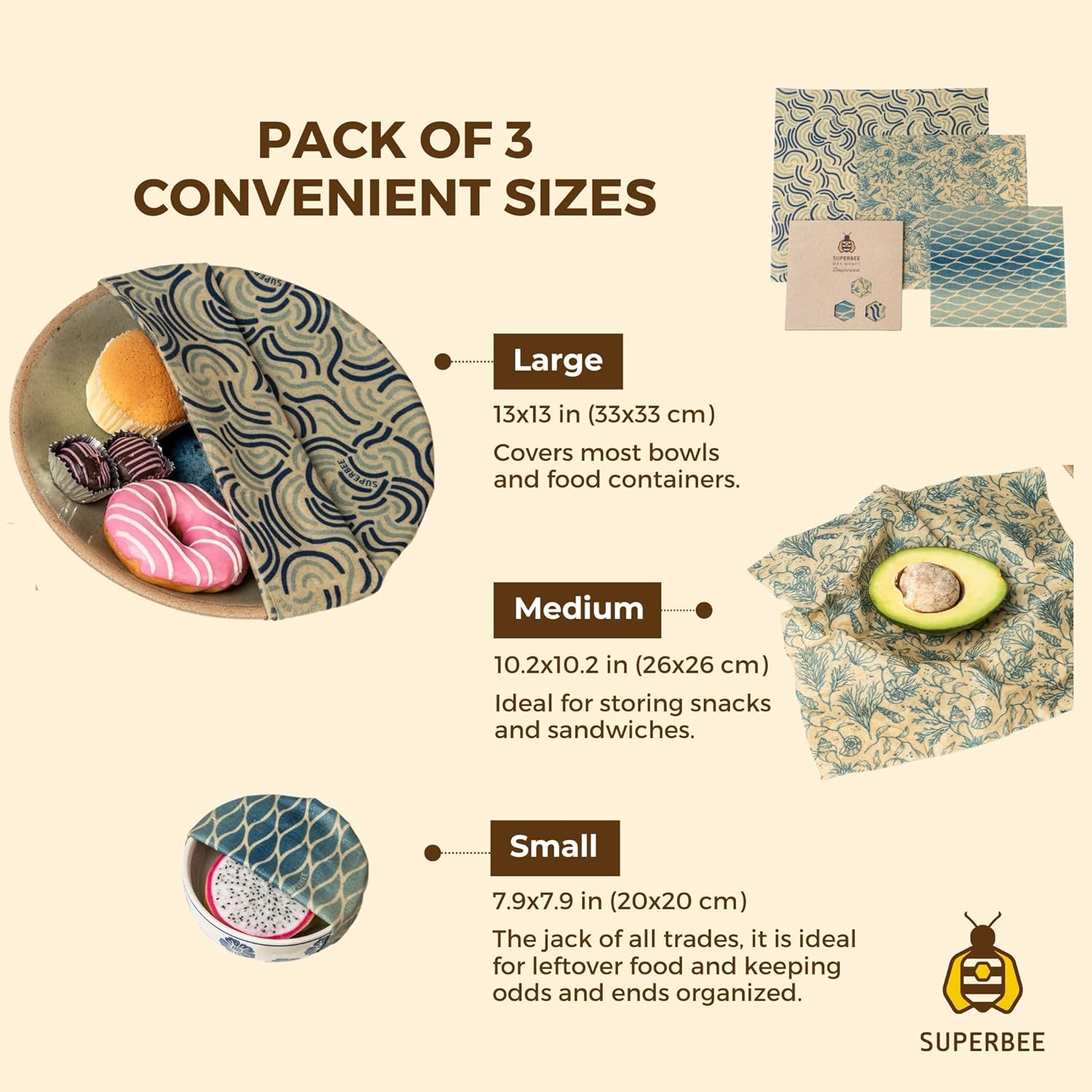 Plastikfri bivoks wraps i 3 størrelser – et bæredygtigt alternativ til plastfolie og stanniol.