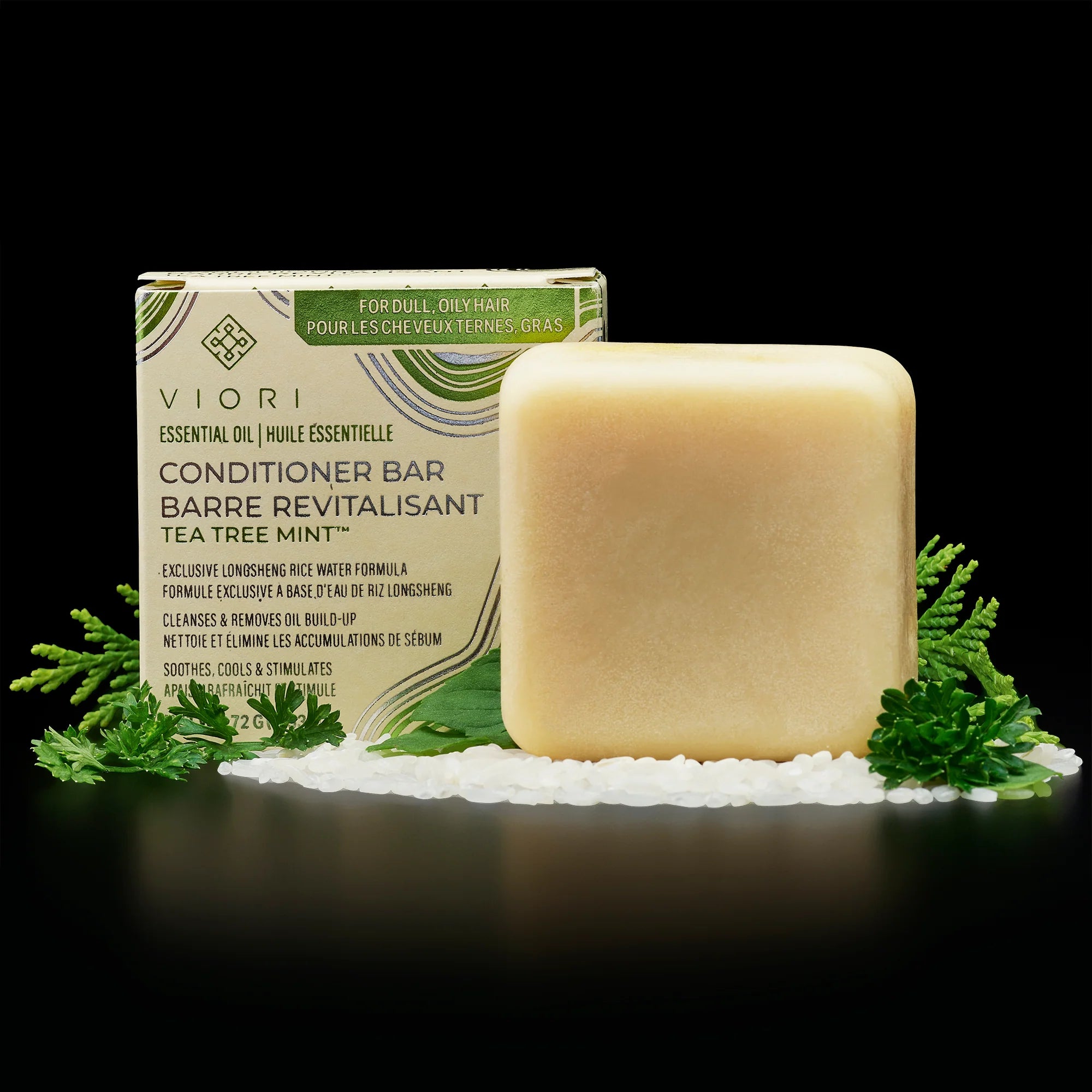 Opfriskende conditioner bar med Longsheng Rice Water, tea tree &amp; mint – styrker, fugter og giver volumen, mens hovedbunden føles ren og afbalanceret.