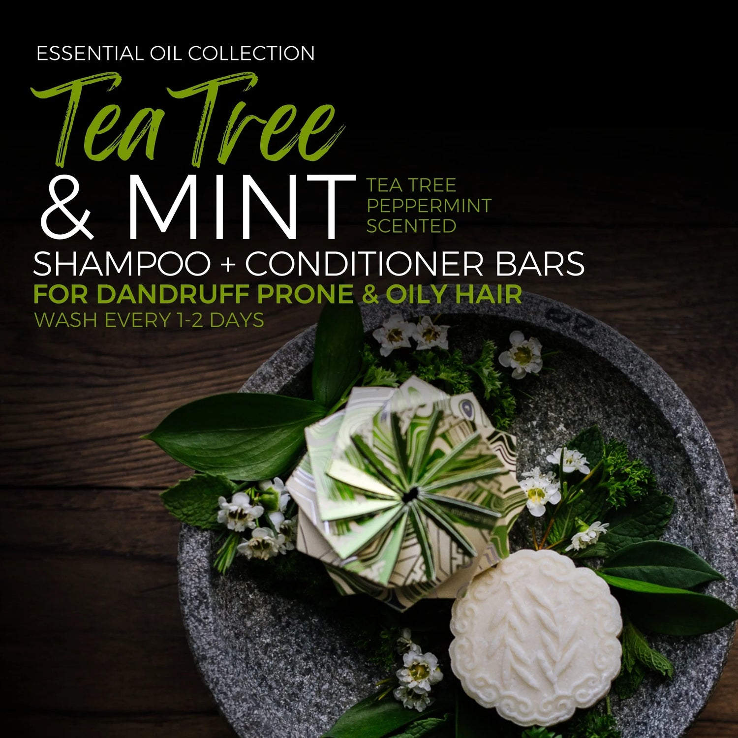 Dybderensende &amp; styrkende shampoo bar med Rice Water, Tea Tree &amp; Mint – perfekt til fedtet hår og hovedbund.