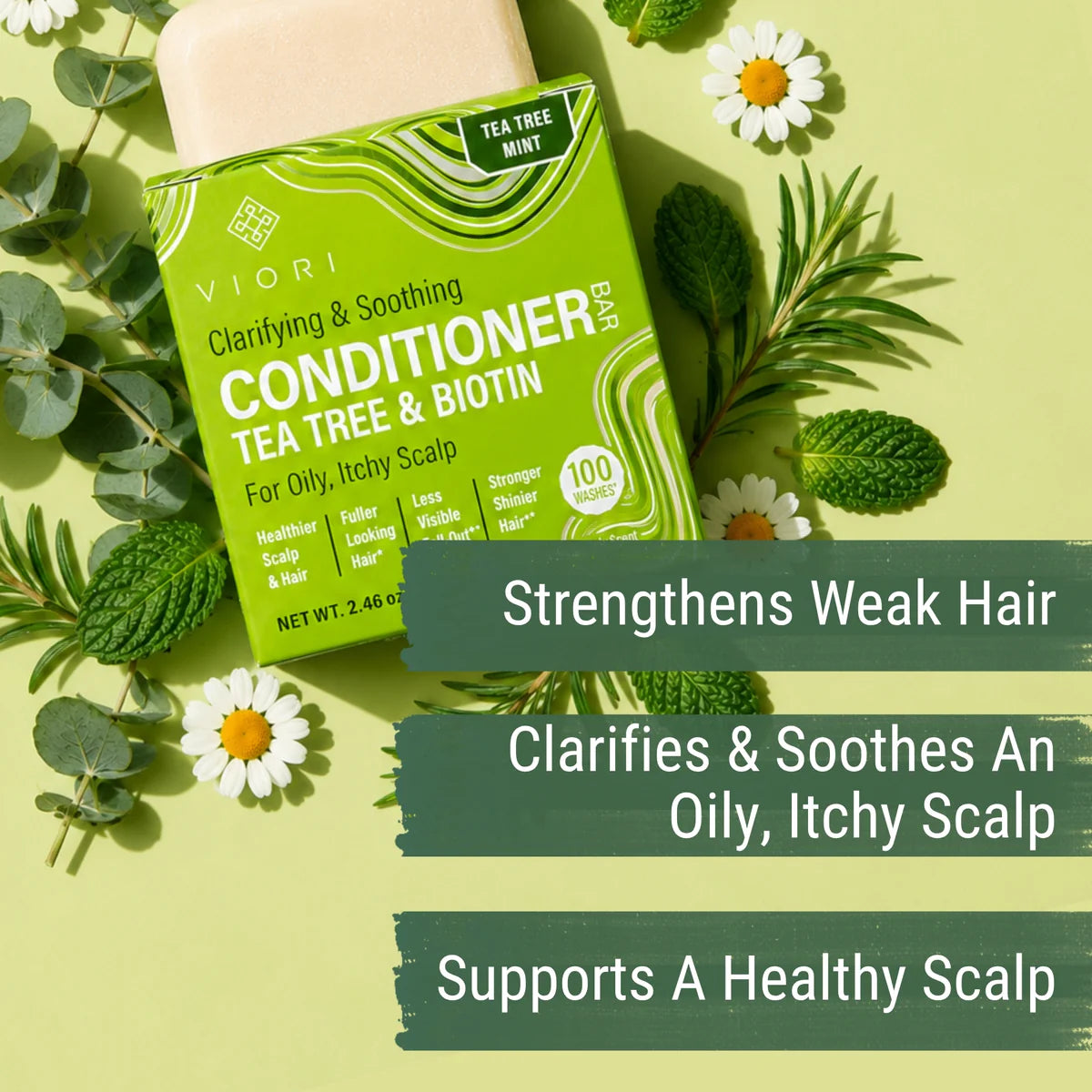 Tea Tree Mint Conditioner Bar er udviklet til dig, der oplever kløe, irritation, skæl eller en fedtet hovedbund.