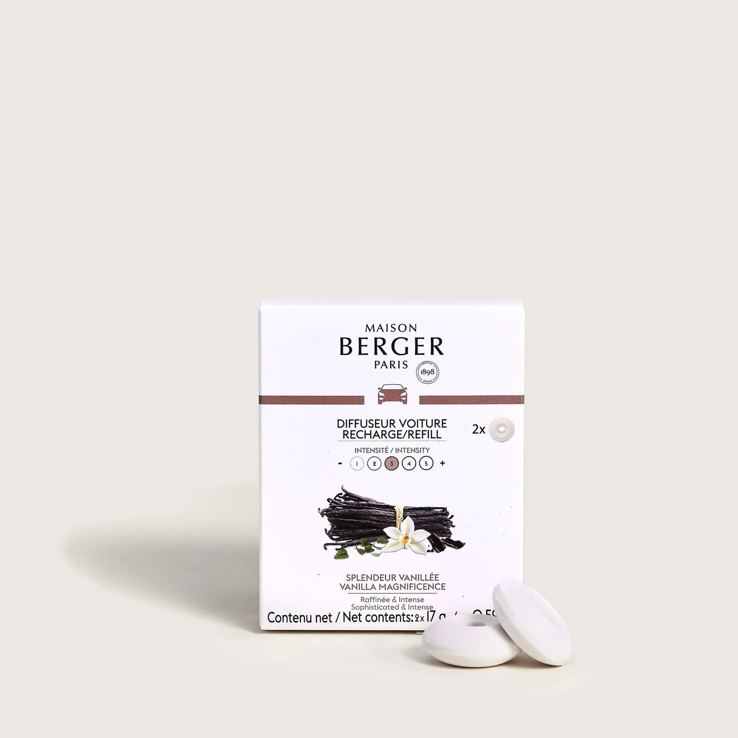 Refill til Maison Berger bildiffuser med Vanilla Magnificence – en varm og krydret vaniljeduft, der skaber en luksuriøs og hyggelig stemning i bilen.