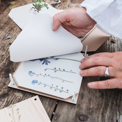 Håndsamlet blomsterpresser fra Studio Wald i bæredygtigt træ. Pres blomster og blade til kort, billeder og kreative projekter.