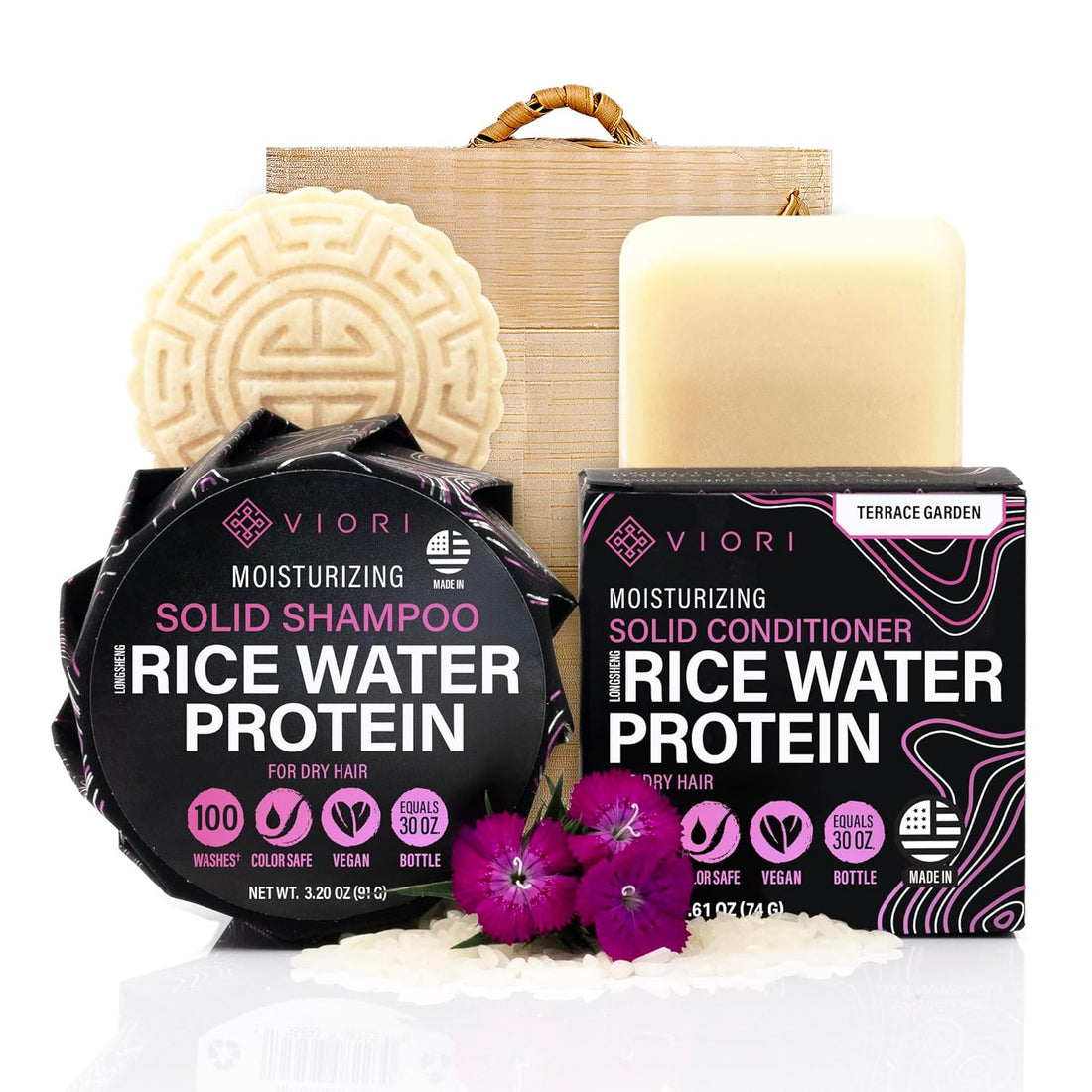 Viori Shampoo & Conditioner + Bambusbox Sæt – Terrace Garden med Rice Water