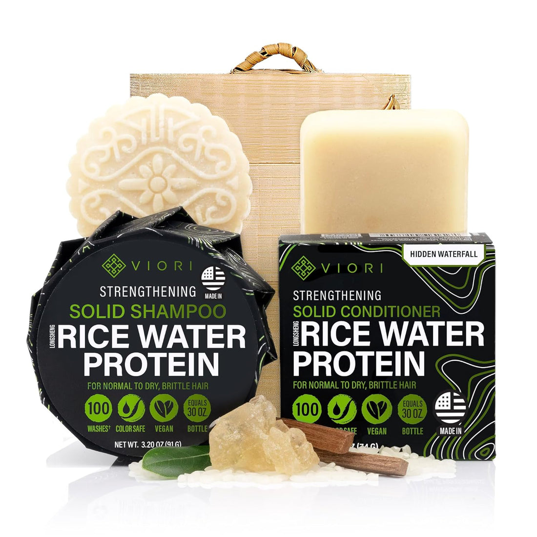 Viori Shampoo & Conditioner + Bambusbox Sæt – Hidden Waterfall med Rice Water