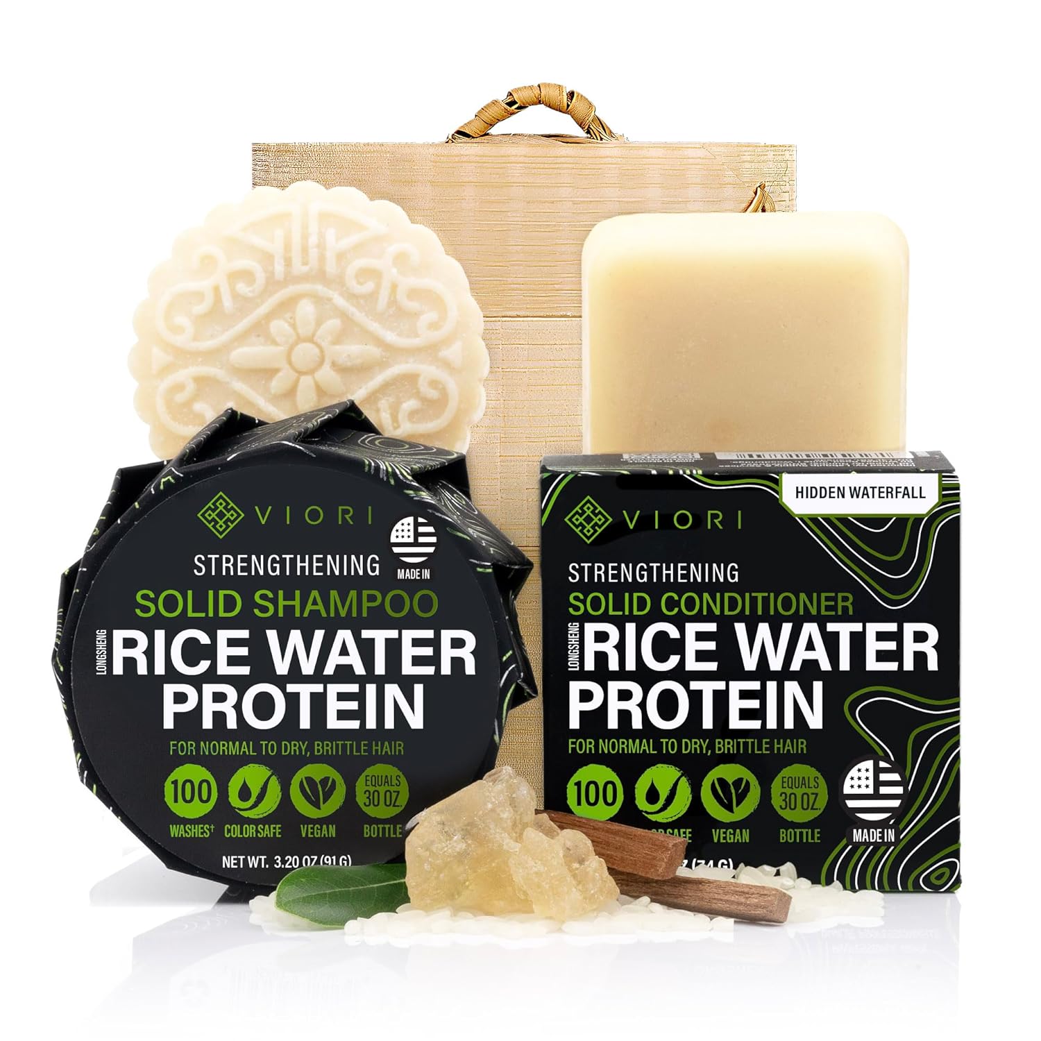 Viori Shampoo &amp; Conditioner + Bambusbox Sæt – Hidden Waterfall med Rice Water