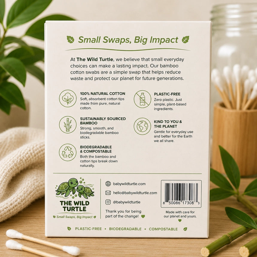 My Rustic Roots Bamboo Cotton Swabs er 200 dobbeltsidede vatpinde med bambuspind og bløde spidser af økologisk bomuld.