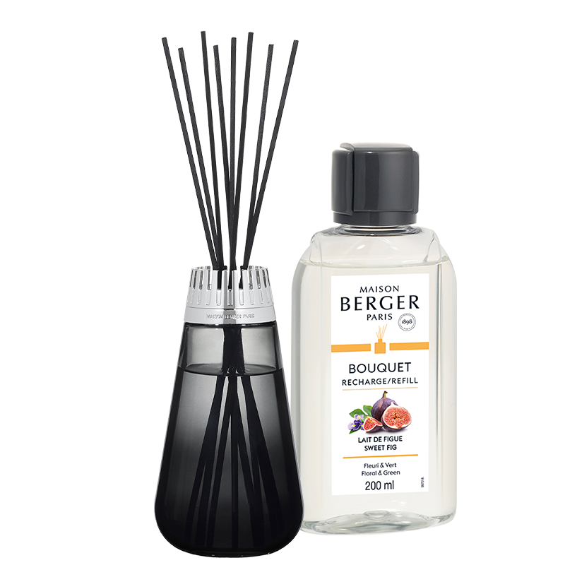 Sweet Fig Duftpinde - Amphora Flakon, Black & 200ml. Duft Refill - Frugt duft - Maison Berger