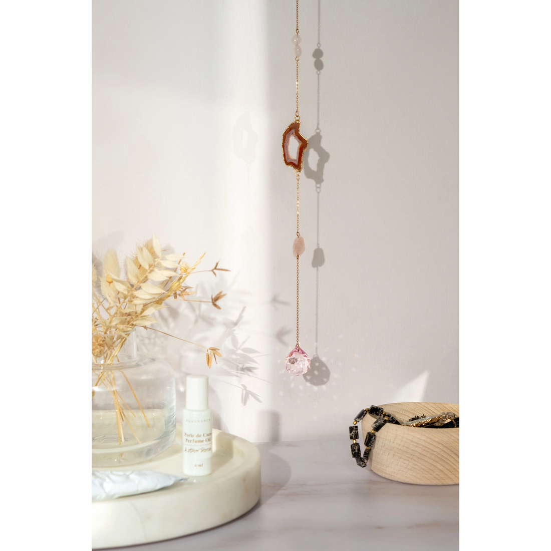 Krystal uro og Suncatcher - Rosenkvart Krystal og Pink agat - 32cm