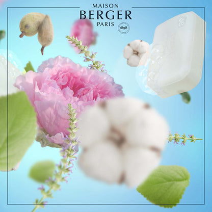 Soap Memories fra Maison Berger – en elegant og pudderblød duft med pæon, bomuldsblomst og mandel, skabt til et hjem fyldt med renhed og velvære.