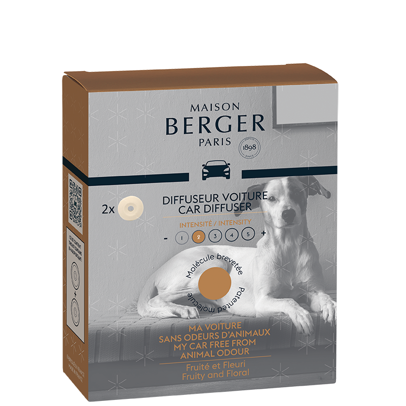 Effektiv refill til Maison Berger bildiffuser, der neutraliserer kæledyrslugt og efterlader bilen frisk, ren og behagelig.