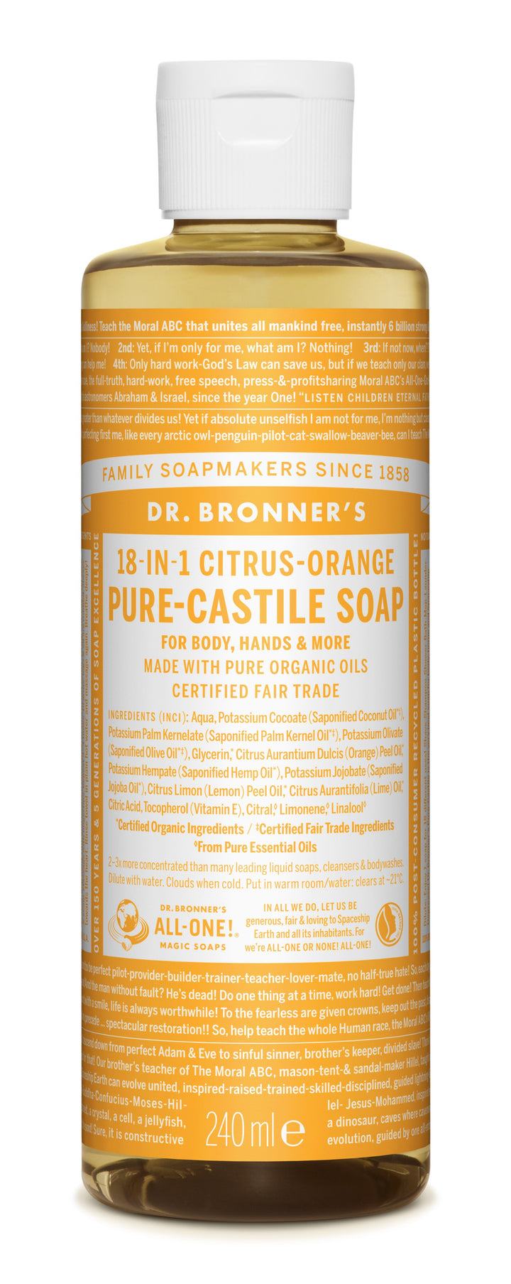 Dr. Bronner's Pure Castile Liquid Soap, Citrus-Orange - Multirengøring & sæbe m. citron & appelsin duft 240 ml