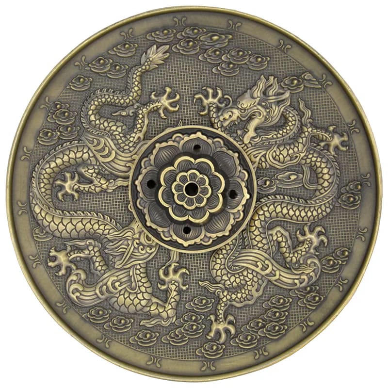 Røgelsesholder, metalskål m. dragemønster - Bronze farvet