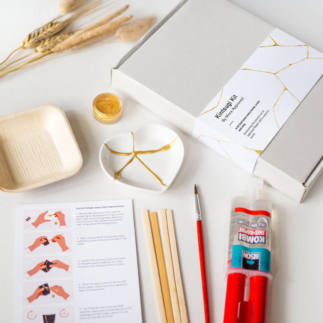 Kintsugi Reparationssæt med hjerteskål | Japansk reparationsteknik med guldlim