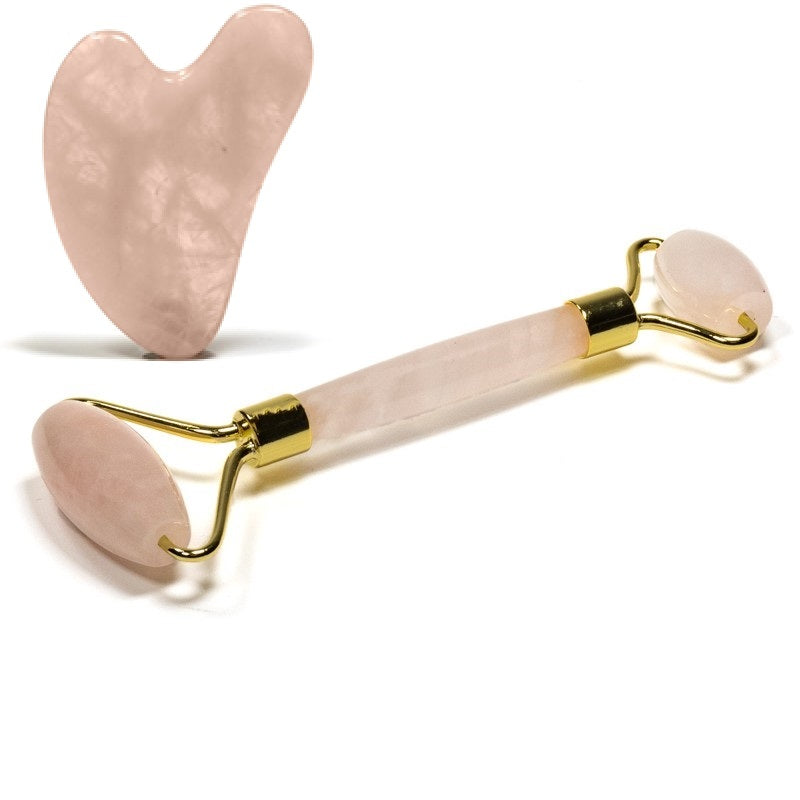 Massage sæt m. Face Roller & Gua Sha - Rosenkvarts krystal